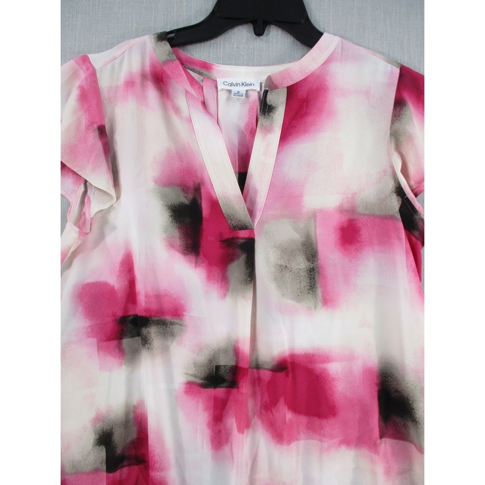 Calvin Klein Womens Pink Abstract Watercolor Flutter Sleeve Blouse Medium - Picture 2 of 10